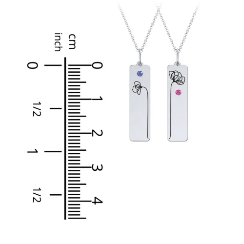 Engravable Floral Bar Necklace Set with Birthstones – Sterling Silver with Blue Sapphire and Ruby