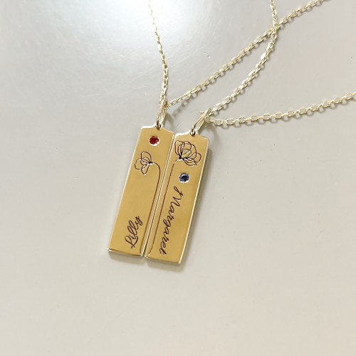 Engravable Floral Bar Necklace Set with Birthstones – Sterling Silver with Blue Sapphire and Ruby