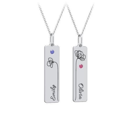 Engravable Floral Bar Necklace Set with Birthstones – Sterling Silver with Blue Sapphire and Ruby