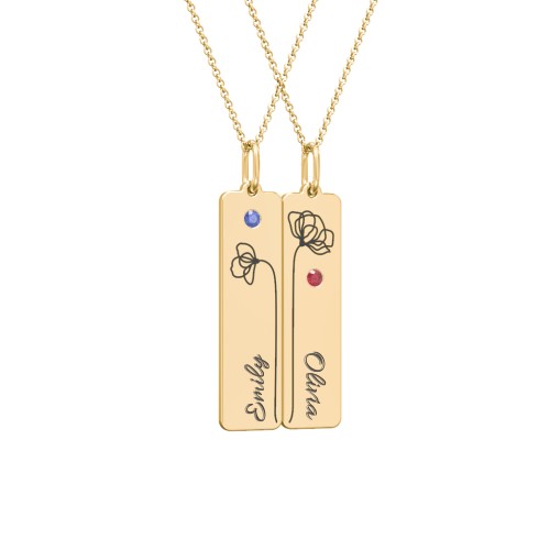 Engravable Floral Bar Necklace Set with Birthstones – 10K Yellow Gold with Blue Sapphire and Garnet