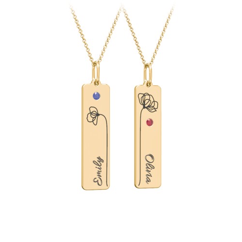 Engravable Floral Bar Necklace Set with Birthstones – 10K Yellow Gold with Blue Sapphire and Garnet
