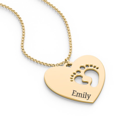 Engravable Heart with Baby Feet Cutouts Pendant – 18K Gold Plated Silver