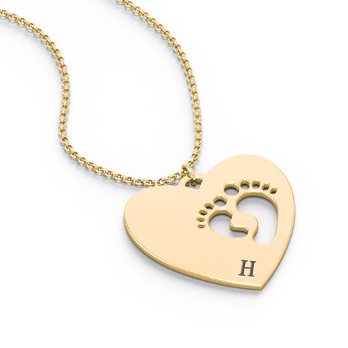 Engravable Heart with Baby Feet Cutouts Pendant – 18K Gold Plated Silver