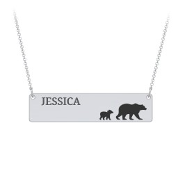 Engravable Mama Bear Bar Necklace with 1 Cub in 925 Sterling Silver