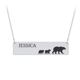 Engravable Mama Bear Bar Necklace with 2 Cubs in 925 Sterling Silver