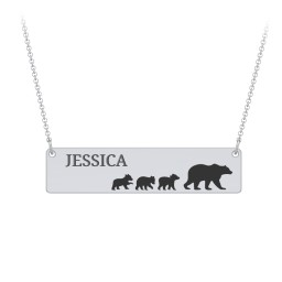 Engravable Mama Bear Bar Necklace with 3 Cubs in 925 Sterling Silver