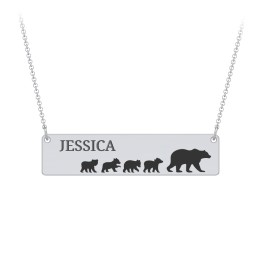 Engravable Mama Bear Bar Necklace with 4 Cubs in 925 Sterling Silver