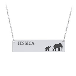 Engravable Mama Elephant Bar Necklace with 1 Calf in 925 Sterling Silver