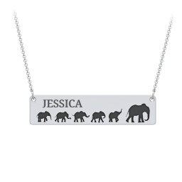 Engravable Mama Elephant Bar Necklace with 5 Calves in 925 Sterling Silver