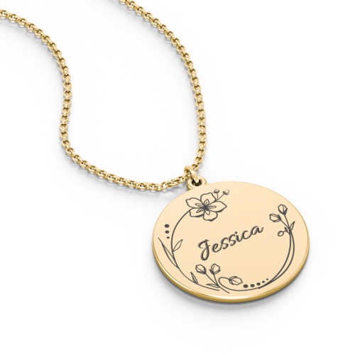 Engravable Floral Disc Necklace – 10K Yellow Gold