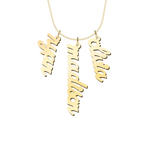 Personalised Vertical 3 Names Necklace in Emeril Font – 10K Yellow Gold