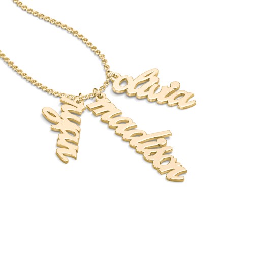 Personalised Vertical 3 Names Necklace in Emeril Font – 10K Yellow Gold