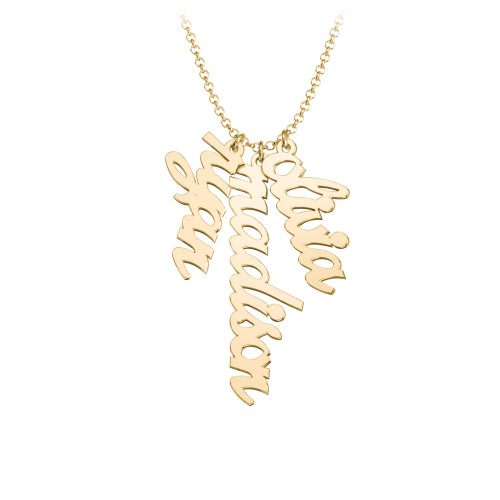 Personalised Vertical 3 Names Necklace in Emeril Font – 10K Yellow Gold