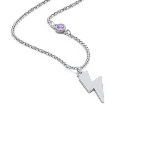 Lightning Bolt Charm Necklace with Gemstone – Sterling Silver with Amethyst