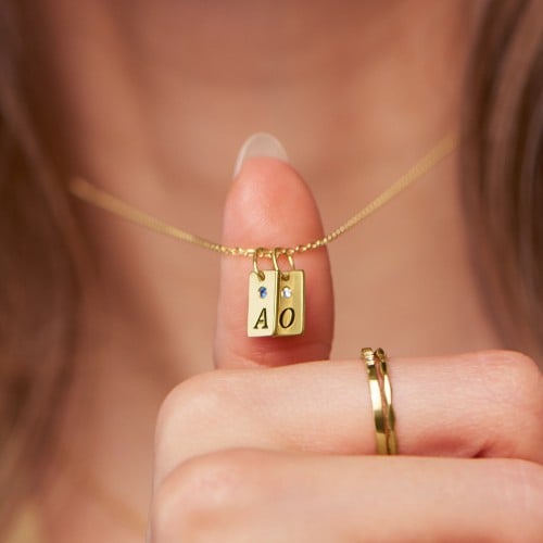 Small Initial 2 Tag Necklace with Birthstone