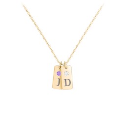 Small Initial 2 Tag Necklace with Birthstone in 18K Gold Plated Silver with Amethyst, Cubic Zirconia, Amethyst Premium Zirconia, and Fancy Pink Premium Zirconia