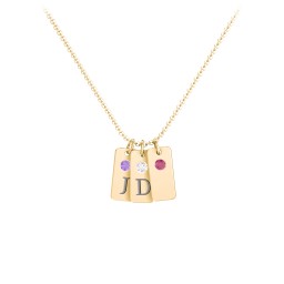 Small Initial 3 Tag Necklace with Birthstone in 18K Gold Plated Silver with Amethyst, Cubic Zirconia, Ruby, Amethyst Premium Zirconia, and Fancy Pink Premium Zirconia