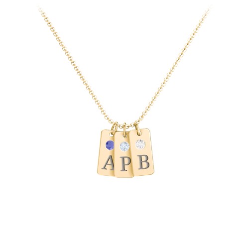 Small Initial 3 Tag Necklace with Birthstone – 18K Gold Plated Silver with Blue Sapphire, Aquamarine, and Cubic Zirconia