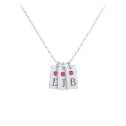 Small Initial 3 Tag Necklace with Birthstone in 925 Sterling Silver with Ruby