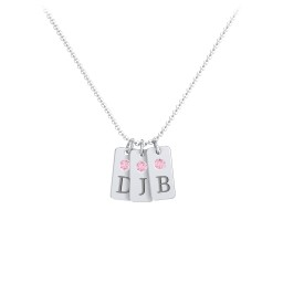 Small Initial 3 Tag Necklace with Birthstone in 925 Sterling Silver with Pink Tourmaline