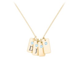 Small Initial 4 Tag Necklace with Birthstone in 18K Gold Plated Silver with Blue Topaz and Fancy Pink Premium Zirconia