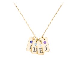 Small Initial 4 Tag Necklace with Birthstone in 18K Gold Plated Silver with Fancy Blue Premium Zirconia, Aquamarine, Cubic Zirconia, Amethyst Premium Zirconia, and Fancy Pink Premium Zirconia