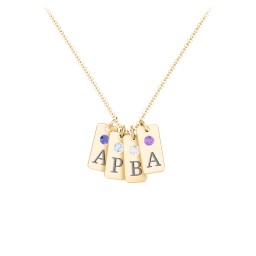 Small Initial 4 Tag Necklace with Birthstone in 18K Gold Plated Silver with Fancy Blue Premium Zirconia, Aquamarine, Cubic Zirconia, Amethyst Premium Zirconia, and Fancy Pink Premium Zirconia