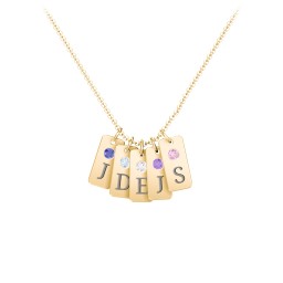 Small Initial 5 Tag Necklace with Birthstone in 18K Gold Plated Silver with Fancy Blue Premium Zirconia, Aquamarine, Cubic Zirconia, Amethyst Premium Zirconia, and Fancy Pink Premium Zirconia