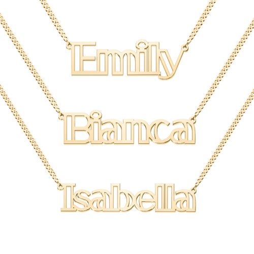 Outline Name Necklace with Open Curb Chain – 18K Gold Plated Silver