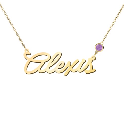 Script Name Necklace with Birthstone – 18K Gold Plated Silver with Amethyst