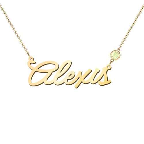 Script Name Necklace with Birthstone – 18K Gold Plated Silver with Peridot