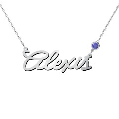 Script Name Necklace with Birthstone – Sterling Silver with Blue Sapphire
