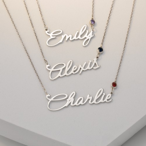 Script Name Necklace with Birthstone – Sterling Silver with Blue Sapphire