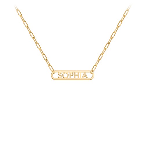 Framed Name Necklace with Mini Paperclip Chain – 18K Gold Plated Silver