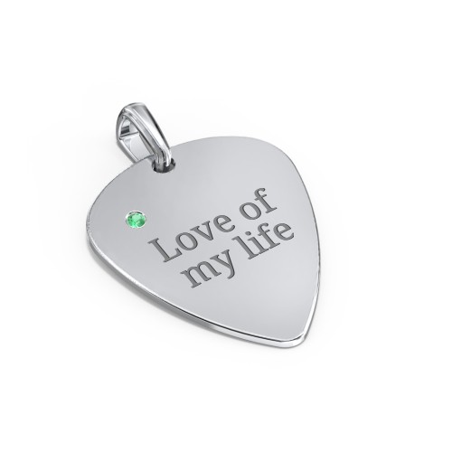 Engravable Guitar Pick Pendant with Gemstone – Sterling Silver with Emerald