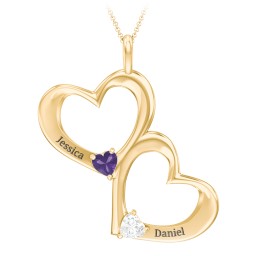 Fusion Hanging Hearts Pendant in 18K Gold Plated Silver with Amethyst and Cubic Zirconia