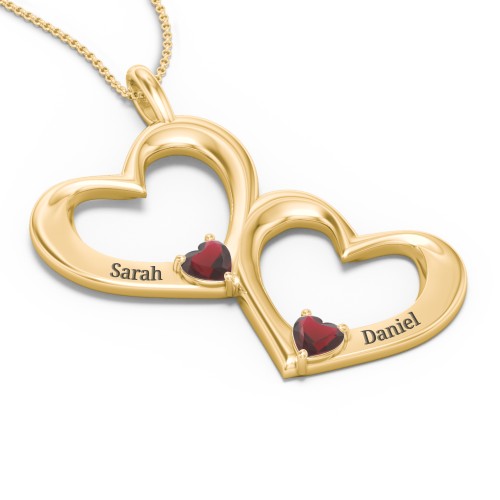 Fusion Hanging Hearts Pendant – 18K Gold Plated Silver with Garnet