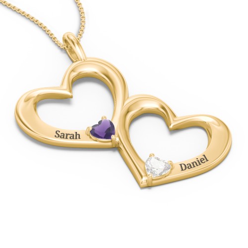Fusion Hanging Hearts Pendant – 18K Gold Plated Silver with Amethyst and Cubic Zirconia