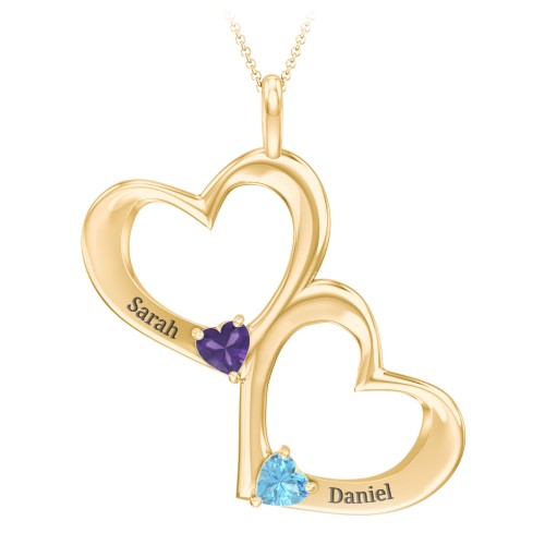 Fusion Hanging Hearts Pendant – 18K Gold Plated Silver with Amethyst and Blue Topaz