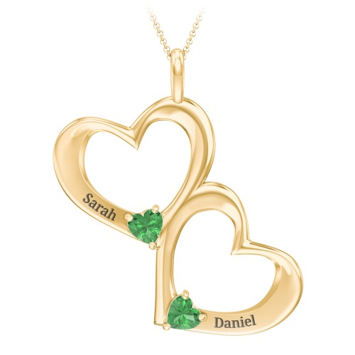 Fusion Hanging Hearts Pendant – 18K Gold Plated Silver with Emerald