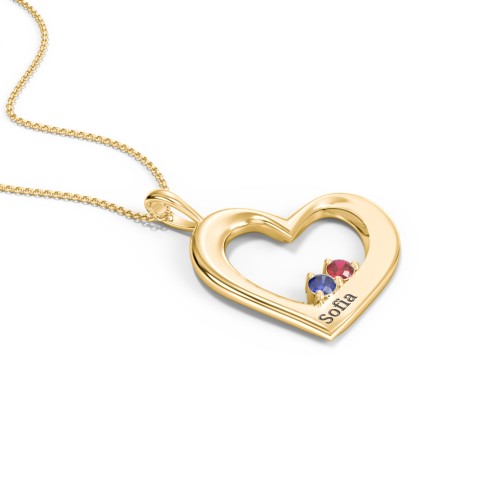 Engravable Tilted Heart 2 Stone Pendant – 18K Gold Plated Silver with Blue Sapphire and Garnet