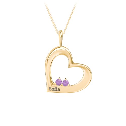 Engravable Tilted Heart 2 Stone Pendant – 18K Gold Plated Silver with Amethyst