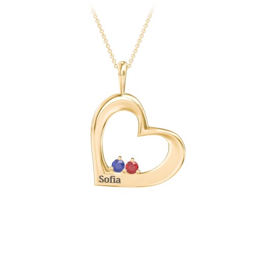 Engravable Tilted Heart 2 Stone Pendant – 18K Gold Plated Silver with Blue Sapphire and Garnet