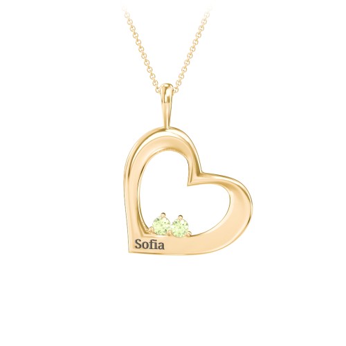 Engravable Tilted Heart 2 Stone Pendant – 18K Gold Plated Silver with Peridot