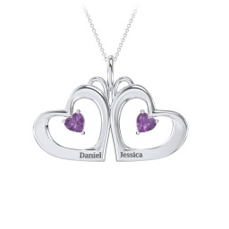 Gemini Touching Hearts Engraved 2 Stone Necklace in 925 Sterling Silver with Amethyst