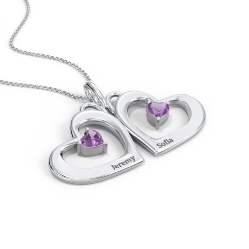 Gemini Touching Hearts Engraved 2 Stone Necklace – Sterling Silver with Amethyst
