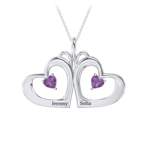 Gemini Touching Hearts Engraved 2 Stone Necklace – Sterling Silver with Amethyst