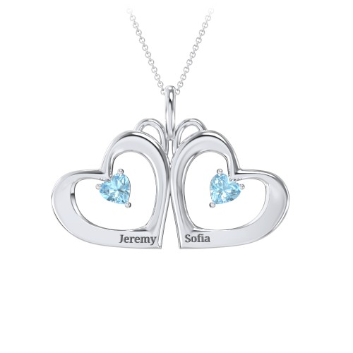 Gemini Touching Hearts Engraved 2 Stone Necklace – Sterling Silver with Blue Topaz