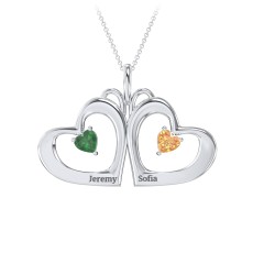 Gemini Touching Hearts Engraved 2 Stone Necklace – Sterling Silver with Emerald and Citrine