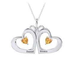 Gemini Touching Hearts Engraved 2 Stone Necklace in 925 Sterling Silver with Citrine